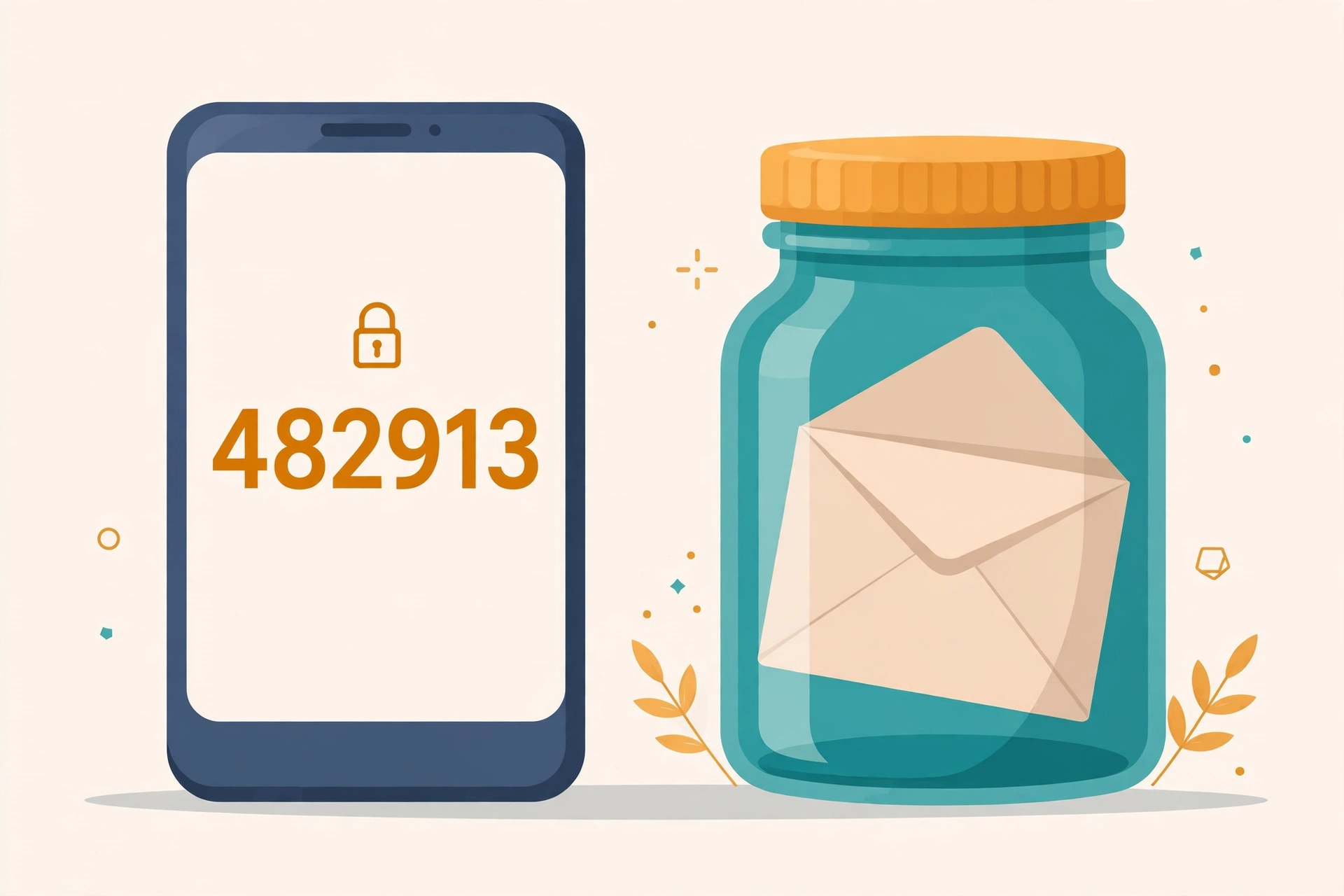 A phone showing an OTP verification code next to a teal TempJar jar holding an envelope