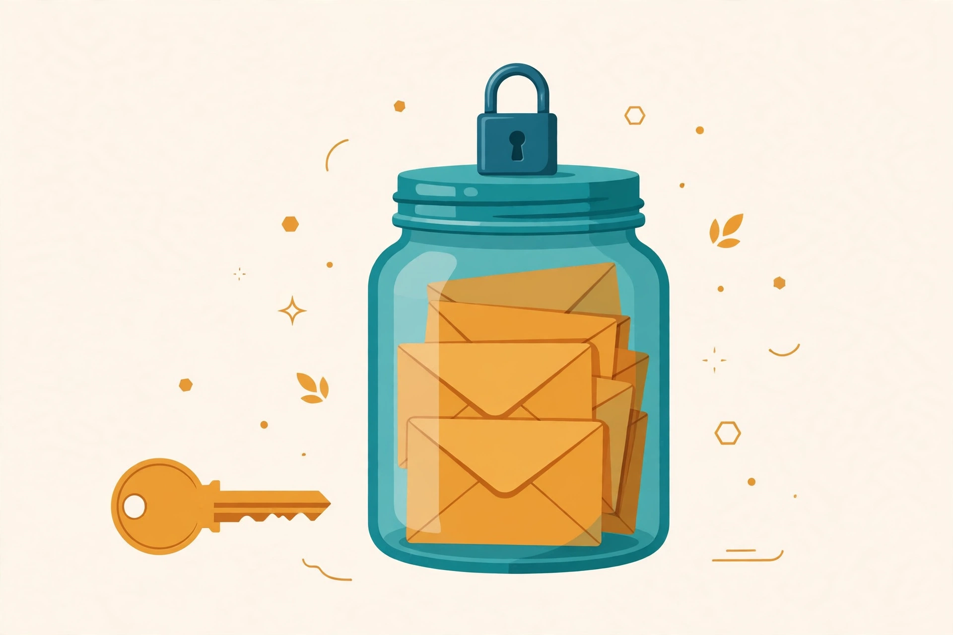 A password-locked teal jar holding email envelopes, with a key beside it — a temporary email you can reopen with a password